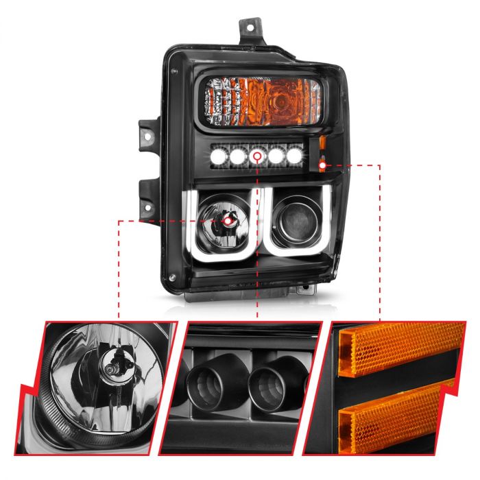 ANZO FORD F-250/350/450/550 SUPERDUTY 08-10 PROJECTOR U-BAR STYLE HEADLIGHTS BLACK (NOT FOR SEALED BEAM MODELS) - 111305