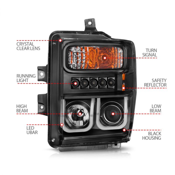 ANZO FORD F-250/350/450/550 SUPERDUTY 08-10 PROJECTOR U-BAR STYLE HEADLIGHTS BLACK (NOT FOR SEALED BEAM MODELS) - 111305