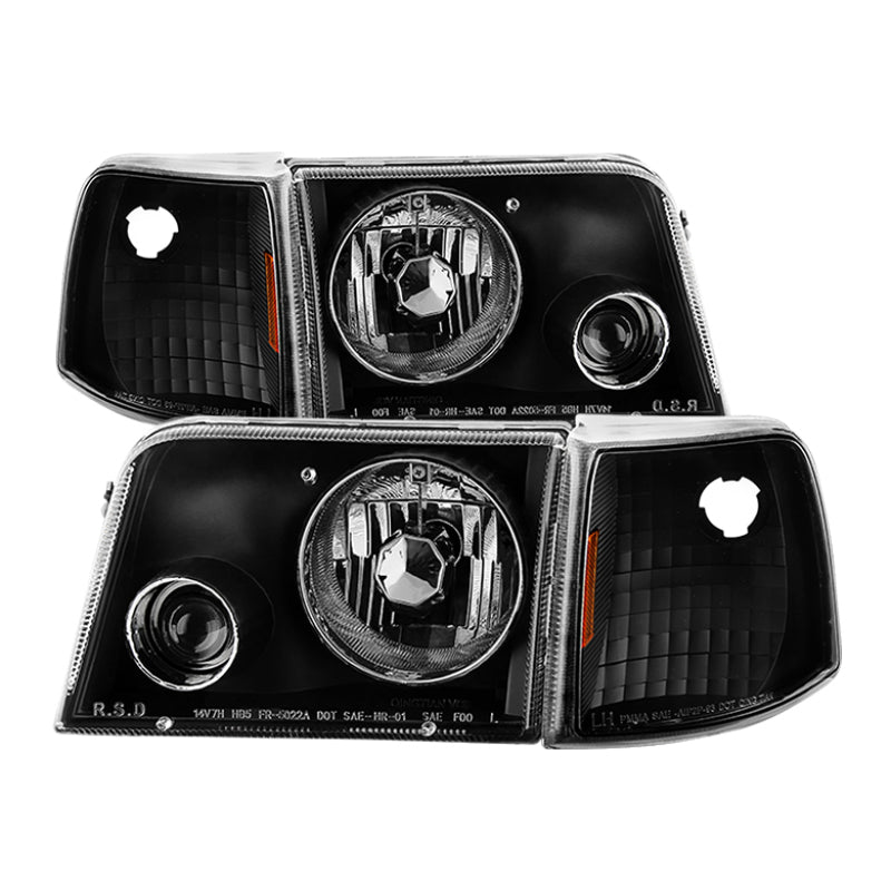 Xtune Ford Ranger 93-97 Projector Headlights w/ Corner Lights Black PRO-JH-FR93-SET-BK SPYDER