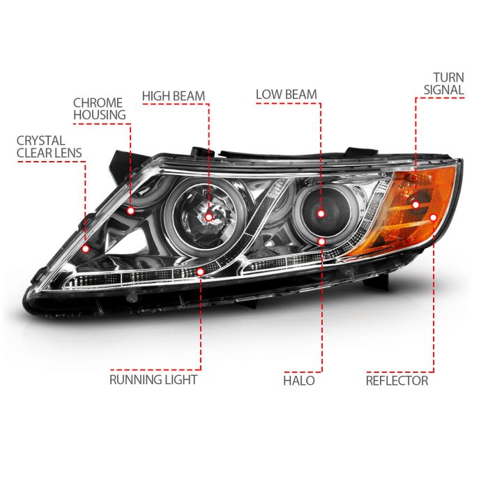 ANZO KIA OPTIMA 11-15 PROJECTOR HEADLIGHTS CHROME W/ RX HALO (FOR HALOGEN MODELS ONLY) - 121459
