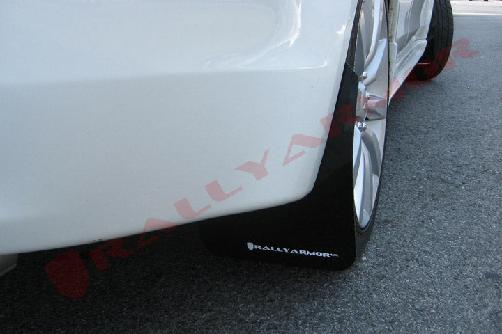 2007–2017 Mitsubishi Lancer with Rally Armor UR Mud Flaps – White Logo – MF8-UR-BLK/WH