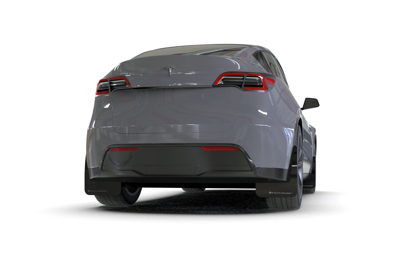 2024 Tesla Model Y with Rally Armor Black UR Mud Flaps – Grey Logo – MF72-UR-BLK/DGRY