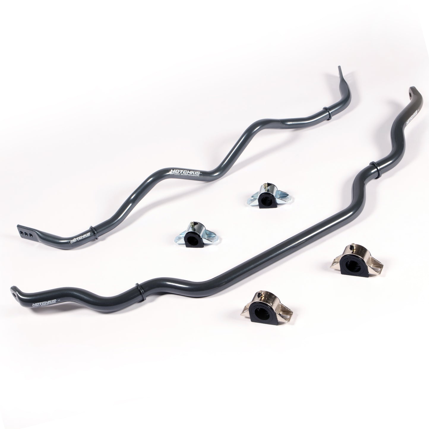 Hotchkis Sport Sway Bar Set – designed for 2014–2019 Infiniti Q50 and 2017–2019 Q60 (RWD only); includes two thick tubular sway bars (front and rear), heavy-duty polyurethane bushings, brackets, adjustable end links, all with gloss gray powder coat finish, SKU 22449.