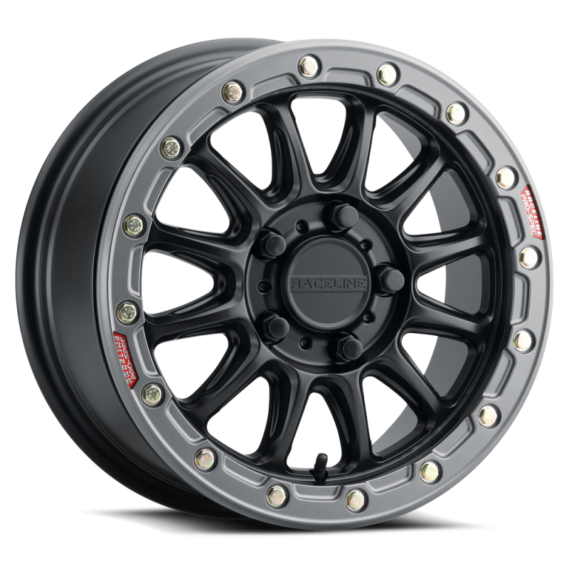 Raceline A14BG Alpha 15x7in/5x114.3 BP/53mm Offset/68mm Bore - Black & Gunmetal Ring Beadlock Wheel Raceline