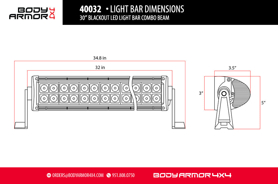 Body Armor 4x4 30in Blackout LED Light Bar Combo Beam with Wiring Harness
