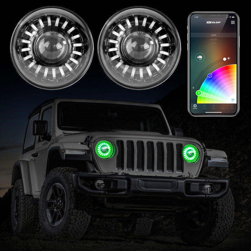 XKGlow 2pc 7in App Control RGB Wrangler JL Headlight Kit with Mounting Brackets - 2019 - Present Jeep Wrangler JL/JT - Part XK-7IN-JP-KIT-JL