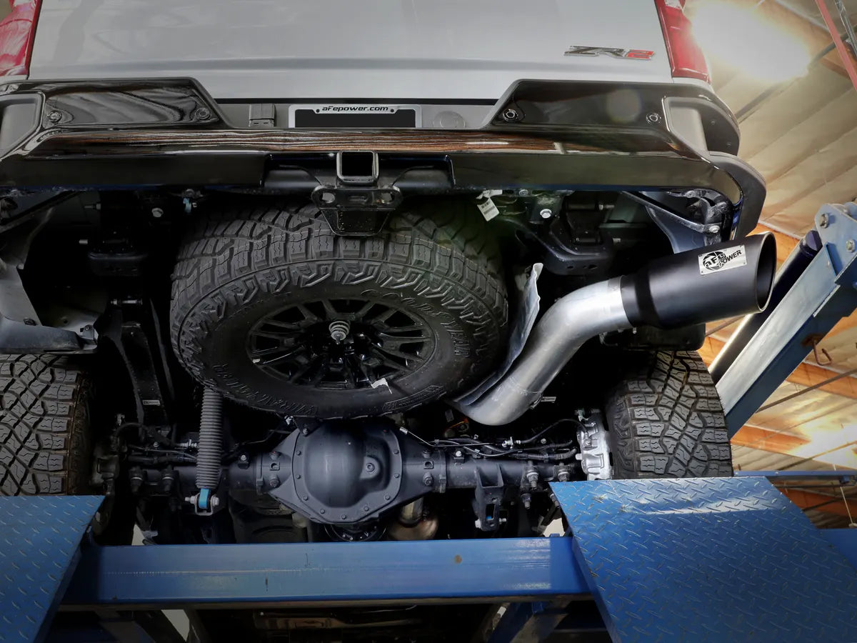 aFe Large Bore-HD 5 IN 409 Stainless Steel DPF-Back Exhaust System w/ Black Tip - 49-44147-B