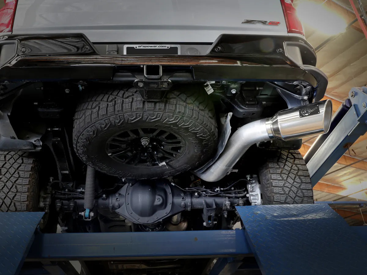 aFe Large Bore-HD 5 IN 409 Stainless Steel DPF-Back Exhaust System w/ Polished Tip- 49-44147-P