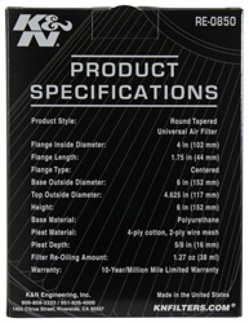 K&N Universal Air Filter (4in. Flange / 6in. Base OD / 4-5/8in. Top OD / 6in. Height) K&N Engineering