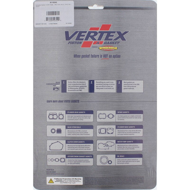 Vertex Complete Gasket Kit With Seals for 2018-2021 Suzuki DR-Z 125 & More - 8110045