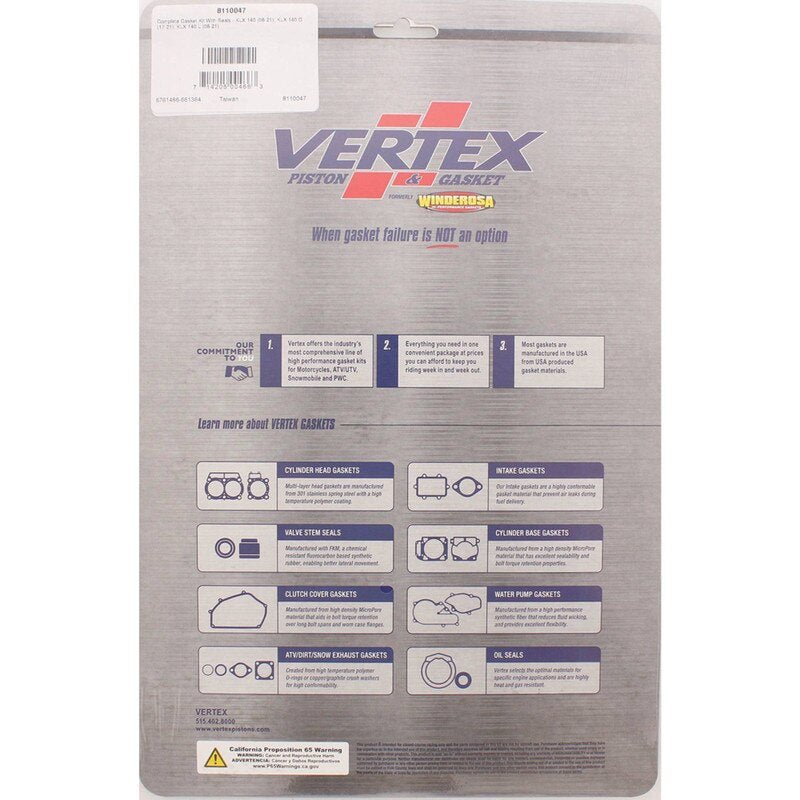 Vertex Complete Gasket Kit With Seals for 2008-2020 Kawasaki KLX 140 & More - 8110047