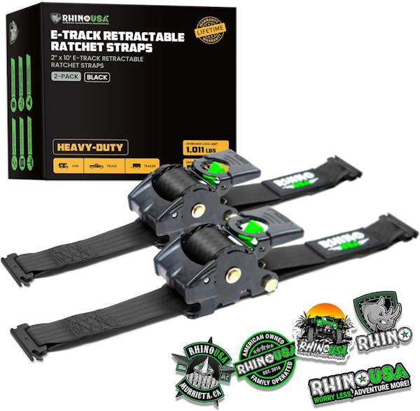Rhino USA Retractable E-Track Ratchet Straps (2 Pack, 2Inx10Ft) (Black)