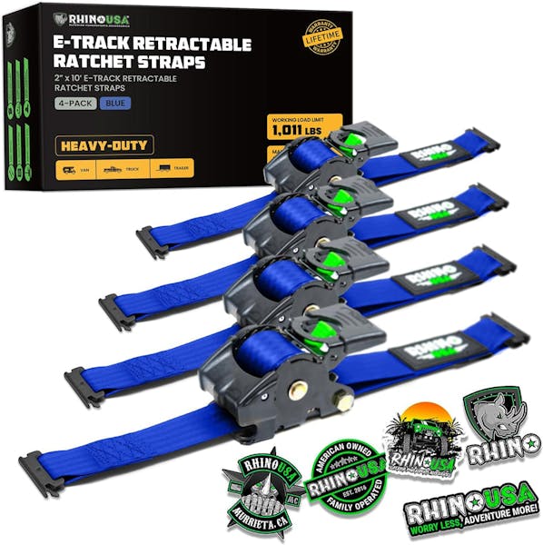 Rhino USA Retractable E-Track Ratchet Straps (4 Pack, 2Inx10Ft) (Blue)