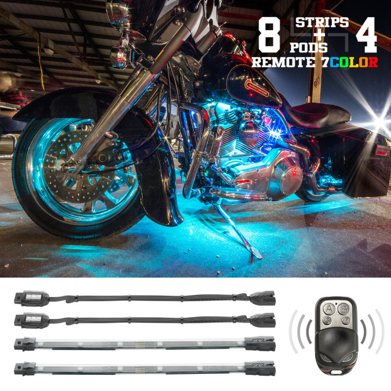 XKGlow 8xCompact Pods + 4x10" Flex Strips 7 Color Remote Control XKGlow LED Accent Light Motorcycle/ATV/Snowmobile Kit - 12 Piece - Part XK034016