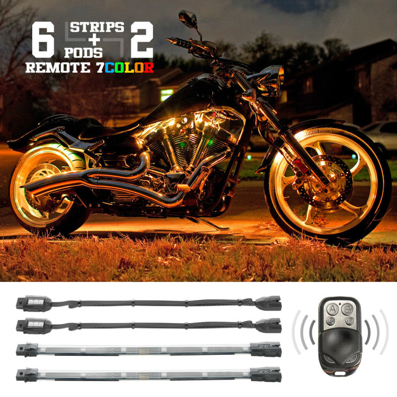 XKGlow 6xCompact Pods + 2x10" Flex Strips 7 Color Remote Control XKGlow LED Accent Light Motorcycle/ATV/Snowmobile Kit - 8 Piece - Part XK034015