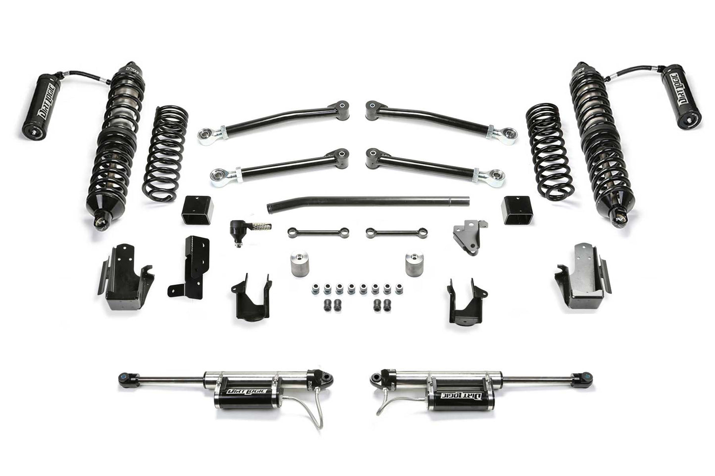 Fabtech 5in Trail Suspension System with Dirt Logic 2.5 Reservoir Coilovers and Dirt Logic Reservoir Rear Shocks for 2018-2020 Jeep Wrangler JL 4WD Gas 4-Door (K4228DL)