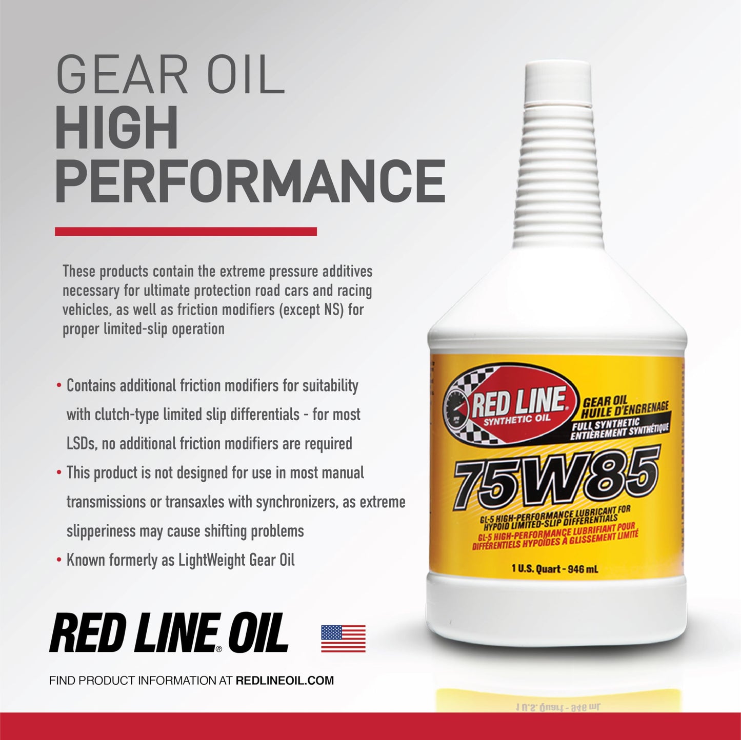 Red Line 50104 75W‑85 Full Synthetic GL‑5 Gear Oil – 1 Quart Red Line