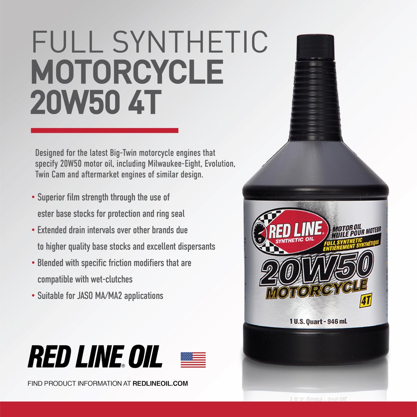 Red Line 42504 20W‑50 Full Synthetic Motorcycle Oil – 1 Quart Red Line