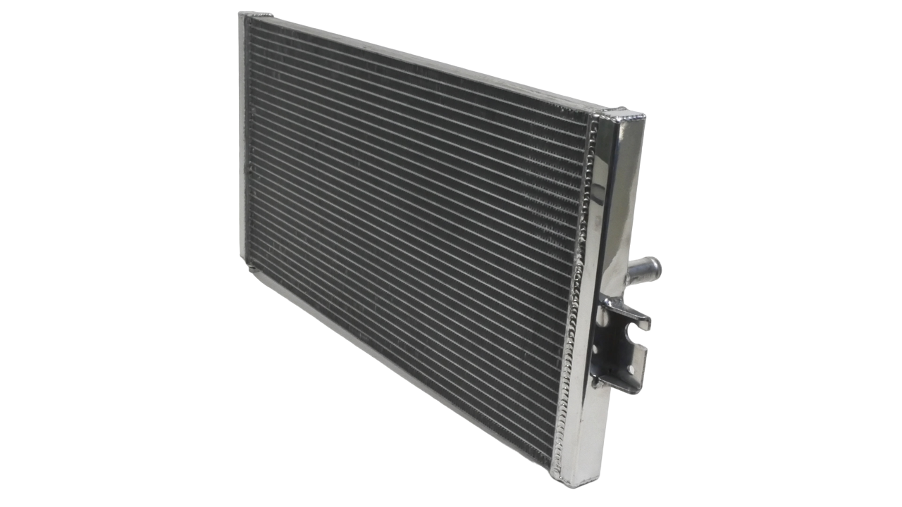 Angled view of PLM XL heat exchanger for VR30-powered Infiniti Q50 and Q60