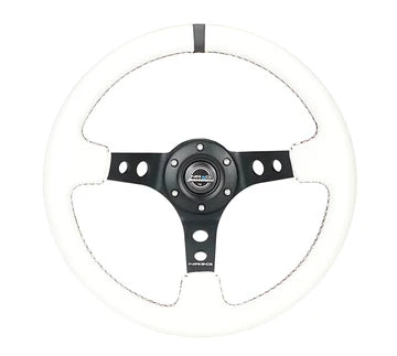 NRG Reinforced Steering Wheel (350mm/3in. Deep) White Leather w/Blk Spoke/Round Holes/White Stripes - RST-006BK-WT-B