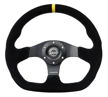 NRG Reinforced Steering Wheel (320mm) Sport Suede Flat Bottom w/ Yellow Center Mark - RST-024MB-S-Y