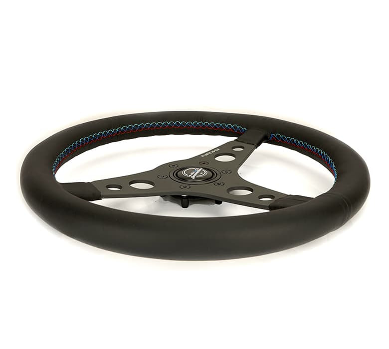 NRG Innovations 350mm Reinforced Flat Steering Wheel - M3 Tri-Color Stitch – RST-068BK