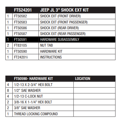 Fabtech 2018 Jeep JL 4WD 4-Door 3in Shock Extension Kit