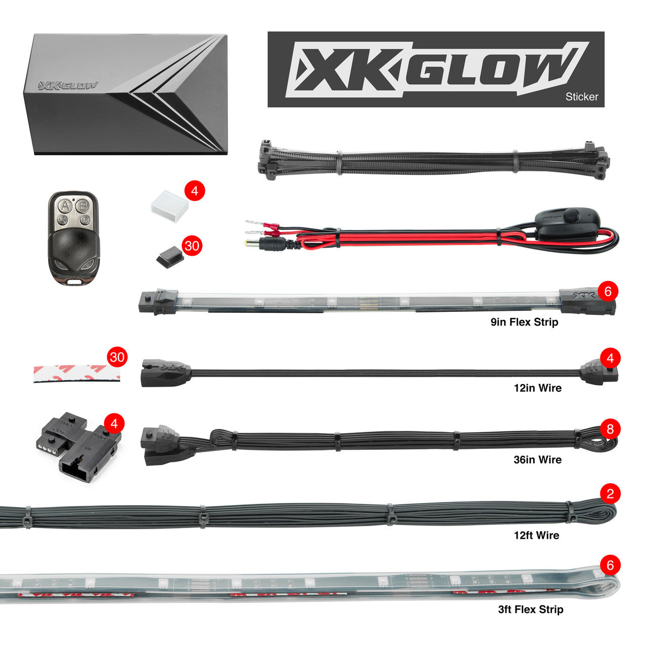 XK Glow Flex Strips 2 Million Color XKGLOW LED Accent Light Marine/Boat Kit 6x36In Strips + 6x 10In XK074012