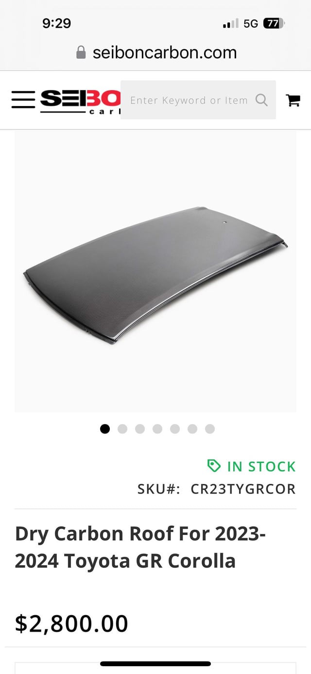 Seibon CR23TYGRCOR Dry Carbon Fiber Roof for 2019–2025 Toyota Corolla Hatchback / GR Corolla