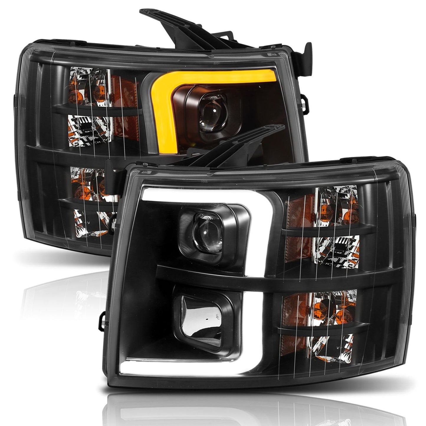 Anzo 111410 Projector Plank Switchback Headlights for Chevy Silverado (07-14) with black housing, clear lens, and LED bar for a modern look.