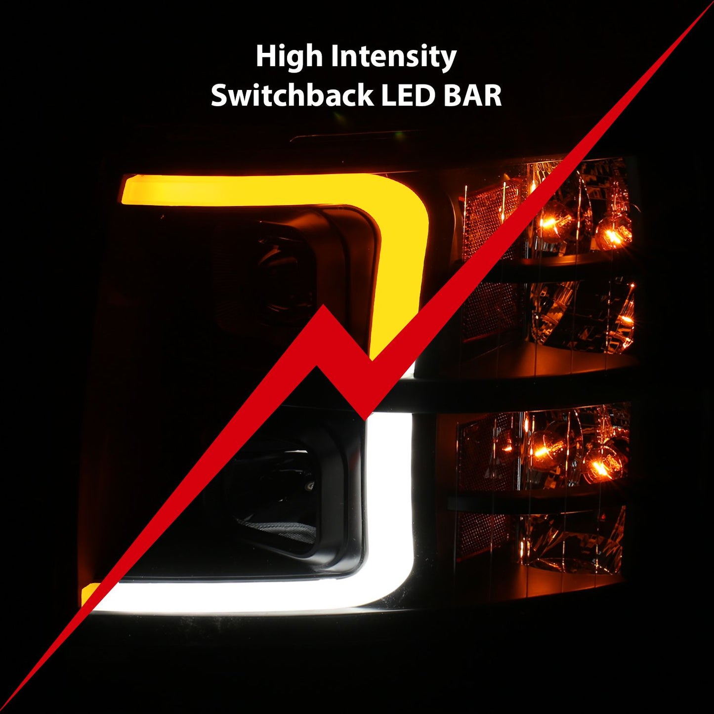 Anzo 111410 Projector Plank Switchback Headlights for Chevy Silverado (07-14) with black housing, clear lens, and LED bar for a modern look.