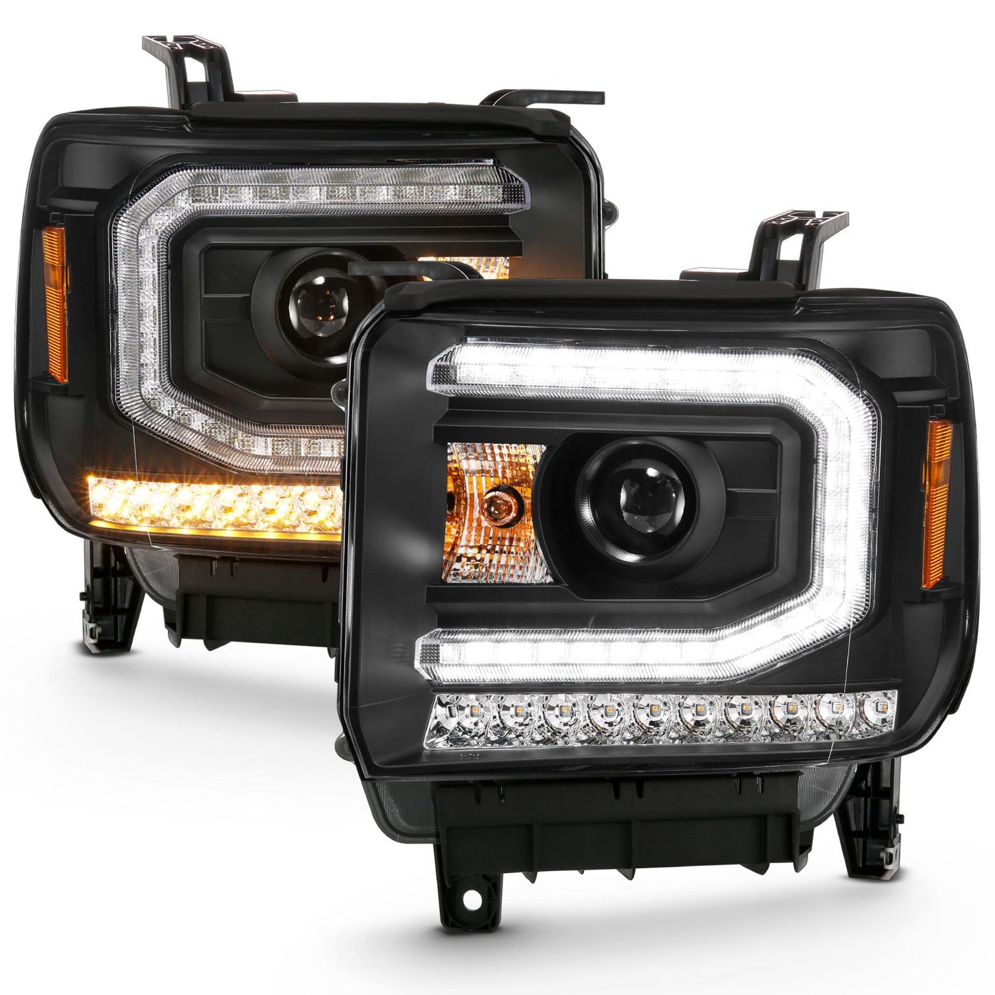 ANZO 111485 Projector Plank Style Headlights with Black Housing and Clear Lens for GMC Sierra 1500 2016-2019 (HID compatible, bulb not included).