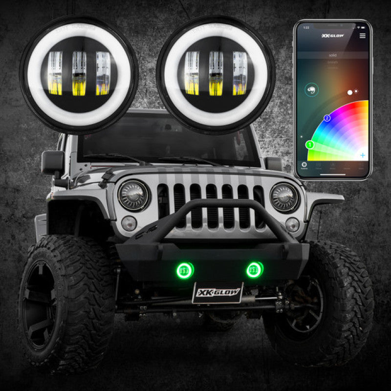 XKGlow 4" Black RGB LED Jeep Wrangler Fog Light XKchrome Bluetooth App Controlled Kit - Part XK042010-B