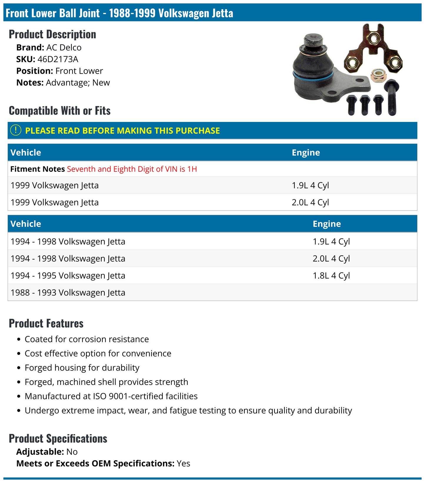 Centric 1988-1999 Volkswagen Jetta Premium Front Lower Ball Joint
