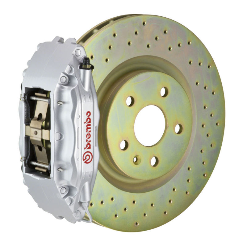 Brembo 05-14 Mustang GT Excl non-ABS Equipped Fr GT BBK 4Pist Cast 2pc 355x32 1pc Rtr Drill-Silver Brembo