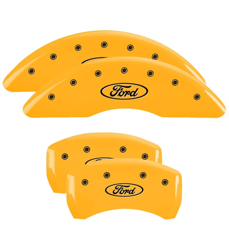 MGP 4 Caliper Covers Engraved Front & Rear 24-25 Ford Mustang EcoBoost Yellow Finish Black Ford Logo MGP