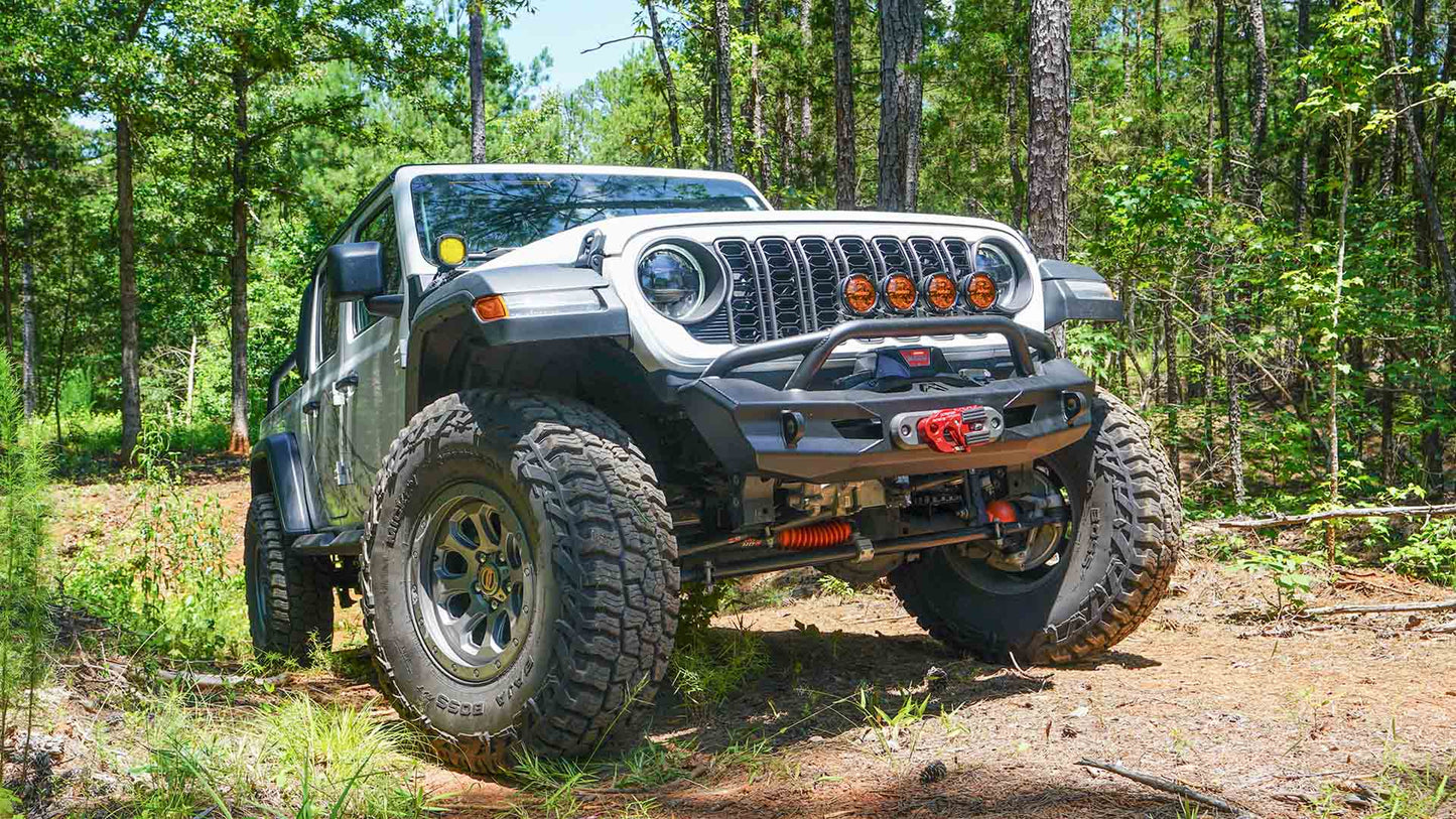Fab Fours JL24-B5152-1 Ghost Stubby Front Winch Bumper w/ Guard for 2018–2025 Jeep Wrangler JL & 2020–2025 Gladiator JT eliteracefab.com