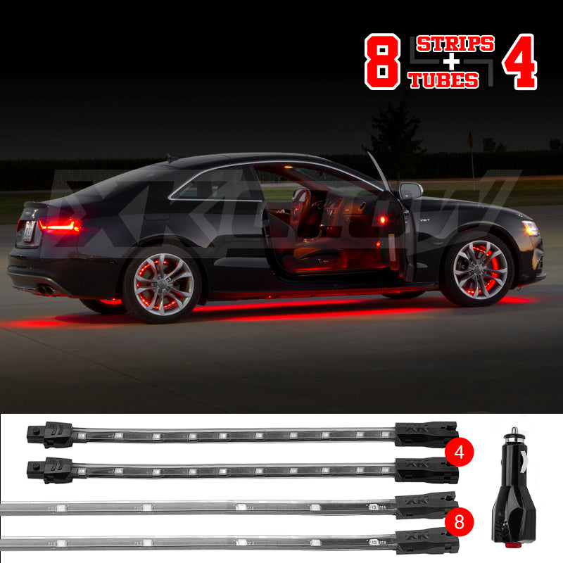 XKGlow Red - 8x24" Tube + 4x8" Strip Single Color XKGlow UnderglowLED Accent Light Car/Truck Kit - 12 Piece - Part XK041005-R