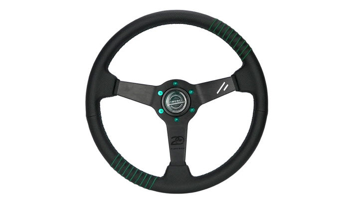 NRG Innovations 340mm Reinforced Flat Steering Wheel - Perforated Leather - 20 Year Anniversary - Emerald Stitch – RST-037MB-B-20