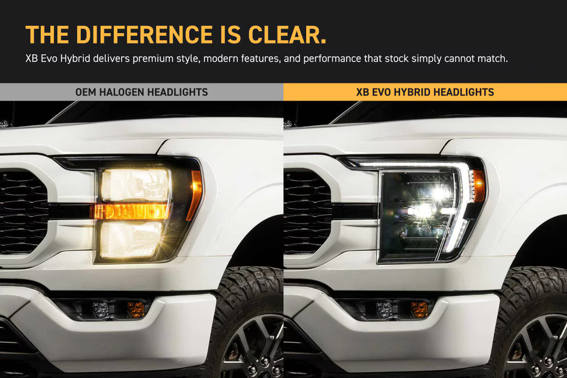 Morimoto XB Evo Hybrid vs OEM Ford F-150 headlights comparison for 2021-2023 models