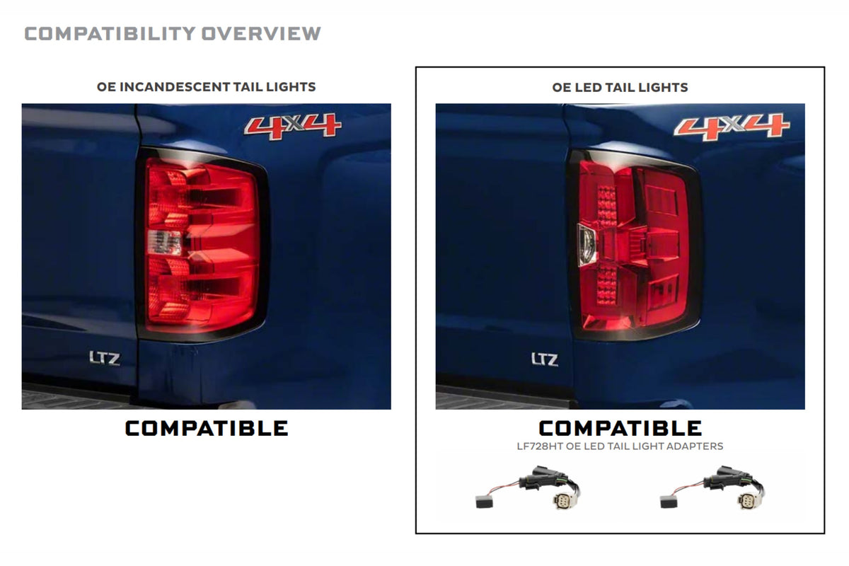 Morimoto LF728HT XB LED tail light adapter compatibility guide showing OEM incandescent tail lights not compatible and OEM LED tail lights compatible for Silverado and Sierra trucks