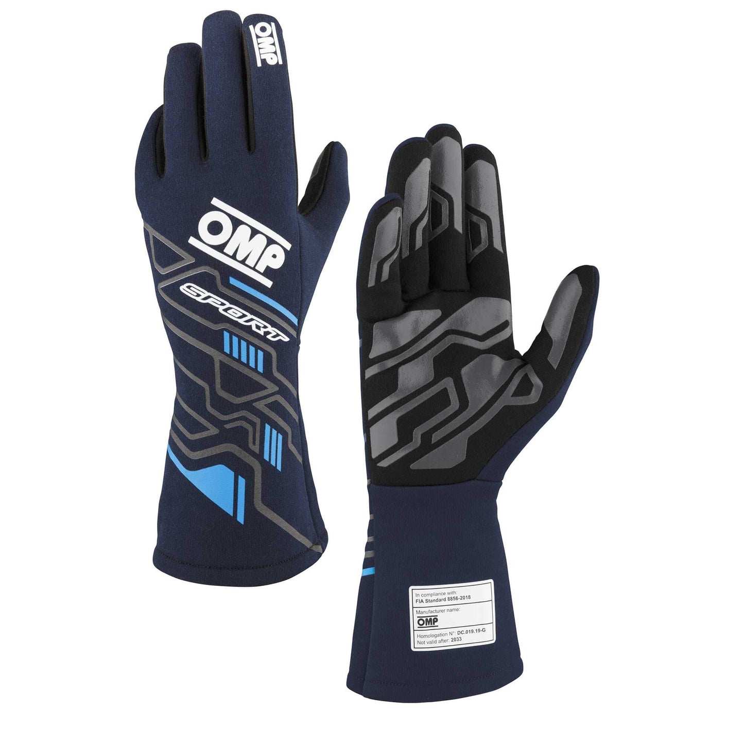 OMP Sport Gloves FIA 8856-2018 Navy Blue / Cyan - XS
