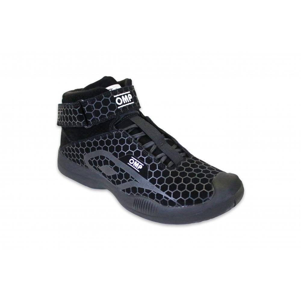 OMP black pit crew shoes size 10 with suede leather outer and SFI 3.3/5 rating, part IC0-0832-A01-071-10