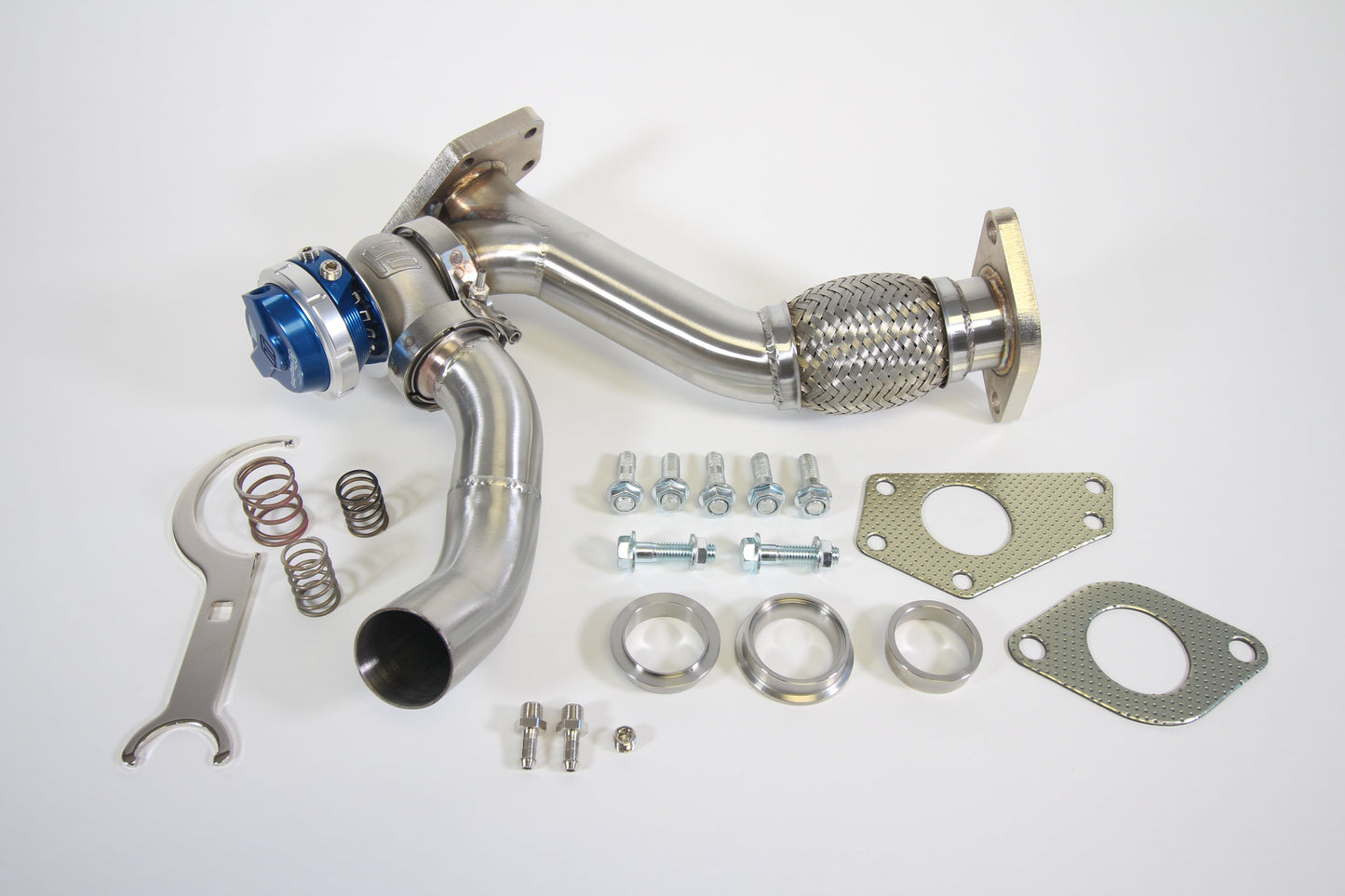 PLM Subaru EWG up pipe with Turbosmart WG40 38mm external wastegate stainless steel blue