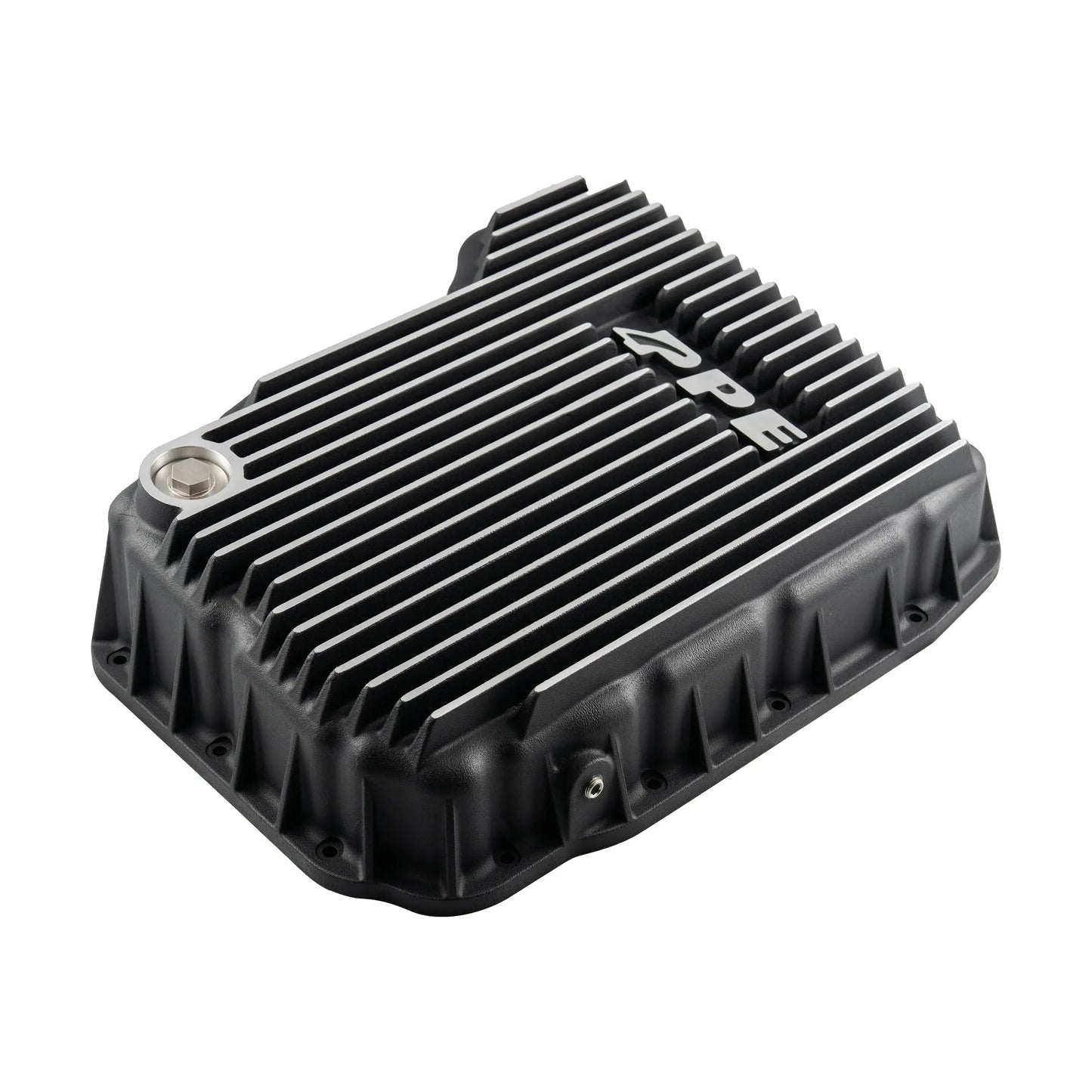 PPE heavy duty aluminum transmission pan for 2007-2024 Ram 2500 3500 6.7L Cummins 68RFE 228052110 side angled view