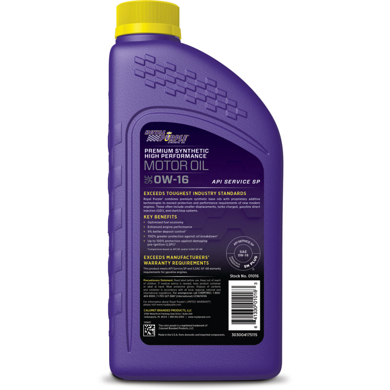 Royal Purple High Performance Ultra-Low Viscosity Synthetic Motor Oil 0W-16, 6 x 1-quart case, part number 06016