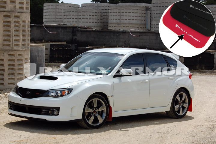 Red Rally Armor UR Mud Flaps with White Logo Installed on Subaru WRX or STI Hatchback