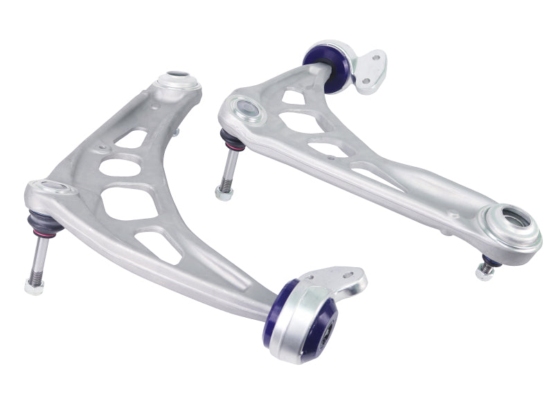 SuperPro ALOY0046K alloy front lower control arms installed on a BMW E46 chassis.