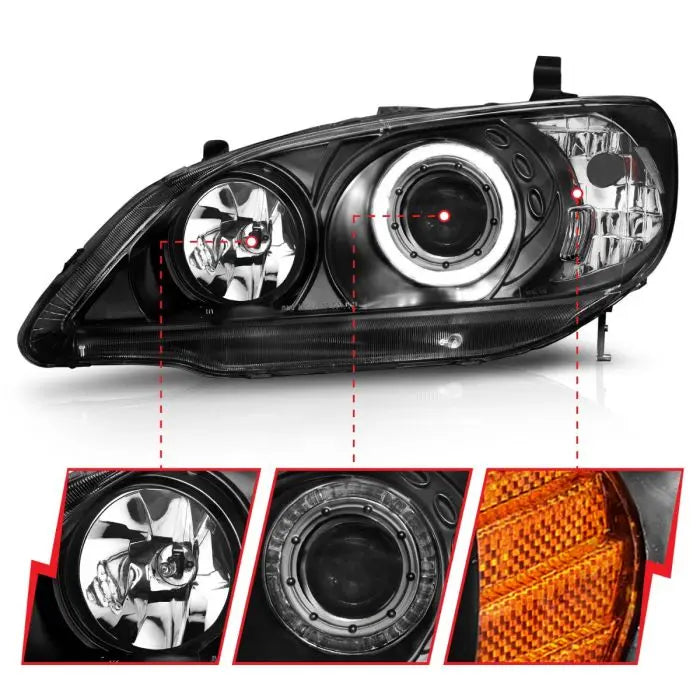 ANZO HONDA CIVIC 04-05 2DR/4DR PROJECTOR HEADLIGHTS BLACK W/ LED HALO - 121059 ANZO