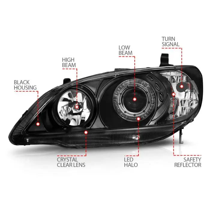 ANZO HONDA CIVIC 04-05 2DR/4DR PROJECTOR HEADLIGHTS BLACK W/ LED HALO - 121059 ANZO